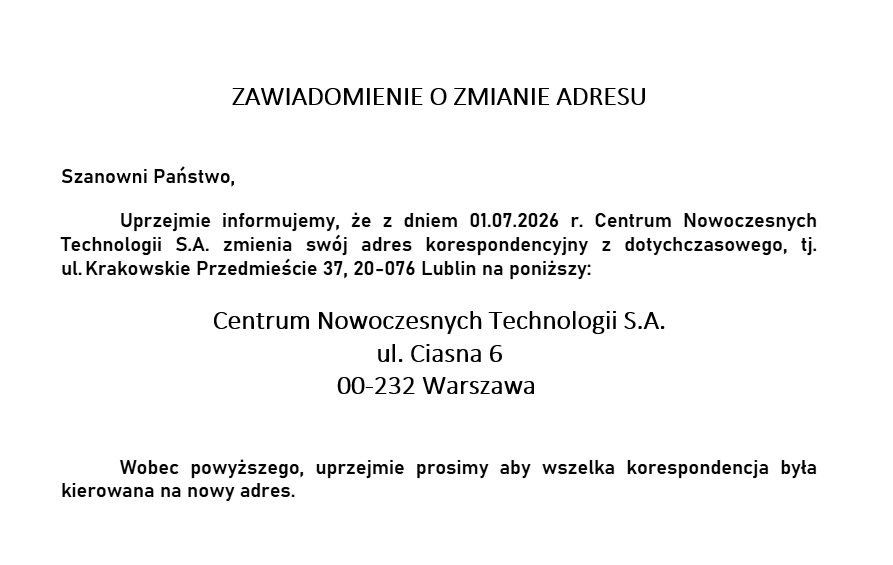 ZAWIADOMIENIE O ZMIANIE ADRESU